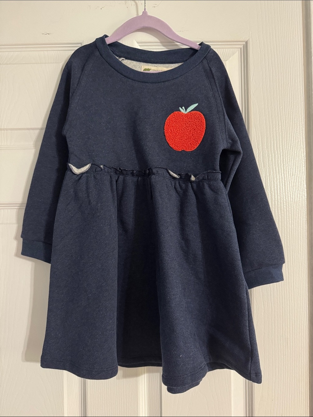 Girls Navy Sweatshirt Dress with Red Apple Applique
